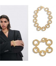 Hip Pop Fashion Golden Hoop Chain Design Chunky Alloy Necklace and Bracelet Jewelry Set