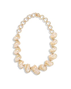 Rhinestone Embellished Natural Conch Handmade Beach Fashion Women Bib Statement Necklace