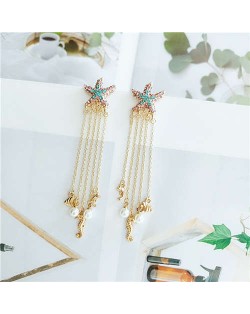 Starfish Design with Seahorse Tassel Design Women Shoulder Duster Alloy Earrings