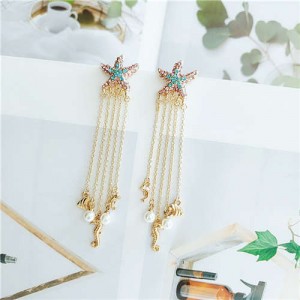 Starfish Design with Seahorse Tassel Design Women Shoulder Duster Alloy Earrings