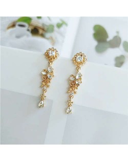 Shining Rhinestone Flower Vintage Design Golden Women Tassel Stud Earrings
