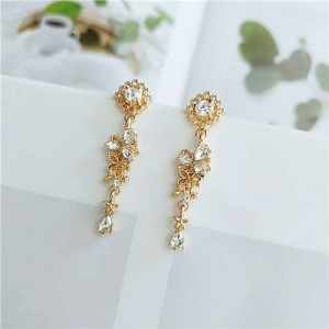 Shining Rhinestone Flower Vintage Design Golden Women Tassel Stud Earrings