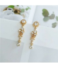 Shining Rhinestone Flower Vintage Design Golden Women Tassel Stud Earrings