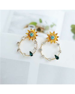 Yellow Flowers Embellished Shining Rhinestone Hoop Women Fashion Earrings