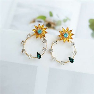 Yellow Flowers Embellished Shining Rhinestone Hoop Women Fashion Earrings