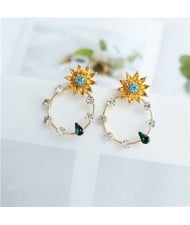 Yellow Flowers Embellished Shining Rhinestone Hoop Women Fashion Earrings