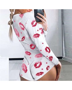 Red Lips Printing Night Club Style Women One-piece Top/ Body Suit