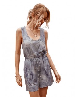 Summer Solid Color Seashore Fashion Women One-piece Short Pants Suit - Gray
