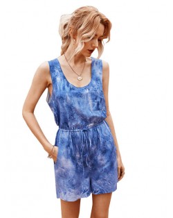 Summer Solid Color Seashore Fashion Women One-piece Short Pants Suit - Dark Blue