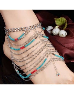 Artificial Turquoise Beads and Multiple Chains Bohemian Design Women Alloy Anklet