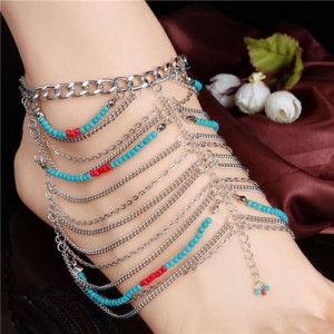 Artificial Turquoise Beads and Multiple Chains Bohemian Design Women Alloy Anklet