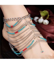 Artificial Turquoise Beads and Multiple Chains Bohemian Design Women Alloy Anklet