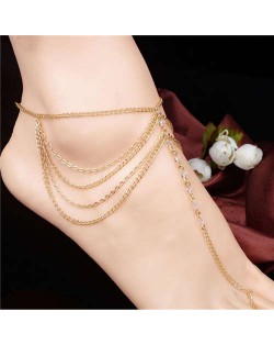 Rhinestone Inlaid Multi-layer Chains Tassel Design High Fashion Women Alloy Anklet