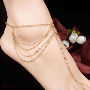 Rhinestone Inlaid Multi-layer Chains Tassel Design High Fashion Women Alloy Anklet