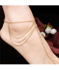 Rhinestone Inlaid Multi-layer Chains Tassel Design High Fashion Women Alloy Anklet