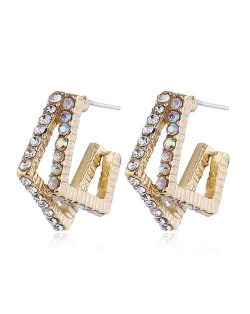 Rhinestone Inlaid Geometric Design Golden High Fashion Women Stud Earrings