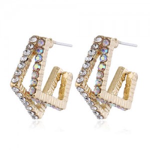 Rhinestone Inlaid Geometric Design Golden High Fashion Women Stud Earrings