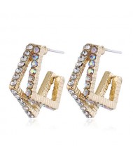 Rhinestone Inlaid Geometric Design Golden High Fashion Women Stud Earrings