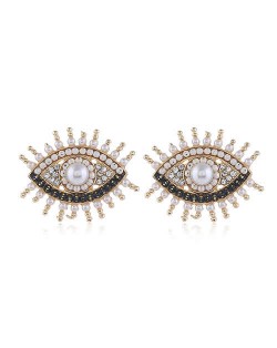 Rhinestone Embellished Vintage Style Eyes Design High Fashion Women Alloy Statement Earrings - White