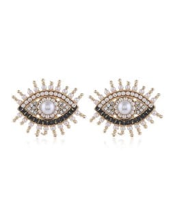 Rhinestone Embellished Vintage Style Eyes Design High Fashion Women Alloy Statement Earrings - White