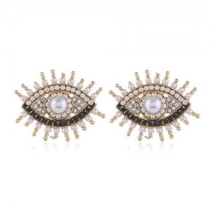 Rhinestone Embellished Vintage Style Eyes Design High Fashion Women Alloy Statement Earrings - White