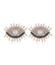 Rhinestone Embellished Vintage Style Eyes Design High Fashion Women Alloy Statement Earrings - White
