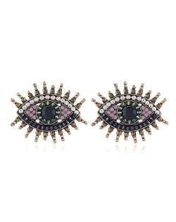 Rhinestone Embellished Vintage Style Eyes Design High Fashion Women Alloy Statement Earrings - Black