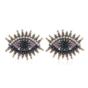 Rhinestone Embellished Vintage Style Eyes Design High Fashion Women Alloy Statement Earrings - Black