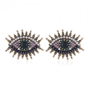Rhinestone Embellished Vintage Style Eyes Design High Fashion Women Alloy Statement Earrings - Black