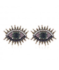 Rhinestone Embellished Vintage Style Eyes Design High Fashion Women Alloy Statement Earrings - Black