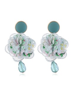 Cloth Flower Ball Design Bead Tassel Pastoral Fashion Women Costume Earrings - Green