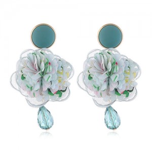 Cloth Flower Ball Design Bead Tassel Pastoral Fashion Women Costume Earrings - Green