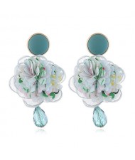 Cloth Flower Ball Design Bead Tassel Pastoral Fashion Women Costume Earrings - Green