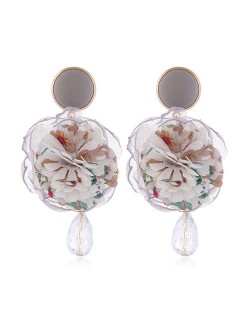 Cloth Flower Ball Design Bead Tassel Pastoral Fashion Women Costume Earrings - White