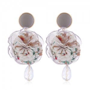 Cloth Flower Ball Design Bead Tassel Pastoral Fashion Women Costume Earrings - White