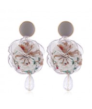 Cloth Flower Ball Design Bead Tassel Pastoral Fashion Women Costume Earrings - White