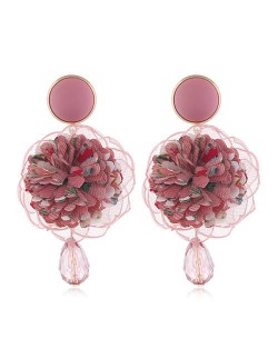 Cloth Flower Ball Design Bead Tassel Pastoral Fashion Women Costume Earrings - Pink