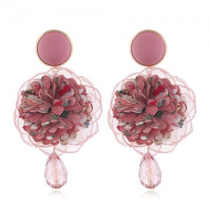 Cloth Flower Ball Design Bead Tassel Pastoral Fashion Women Costume Earrings - Pink