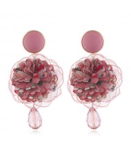 Cloth Flower Ball Design Bead Tassel Pastoral Fashion Women Costume Earrings - Pink