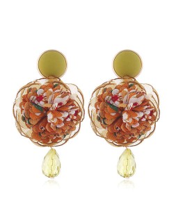 Cloth Flower Ball Design Bead Tassel Pastoral Fashion Women Costume Earrings - Yellow