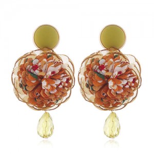 Cloth Flower Ball Design Bead Tassel Pastoral Fashion Women Costume Earrings - Yellow