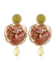 Cloth Flower Ball Design Bead Tassel Pastoral Fashion Women Costume Earrings - Yellow