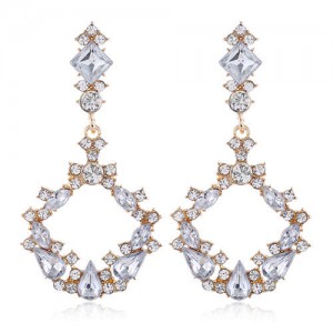 Resin Gems Embellished Glistening Fashion Women Hoop Earrings - White