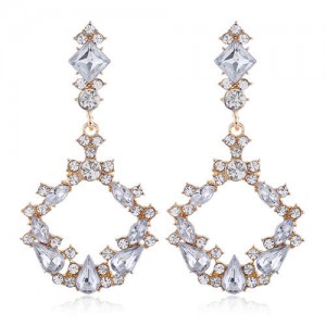 Resin Gems Embellished Glistening Fashion Women Hoop Earrings - White