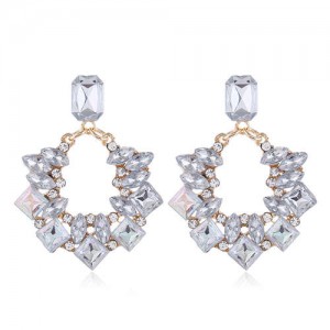 Resin Gems Inlaid Shining Hoop Fashion Alloy Women Statement Earrings - White