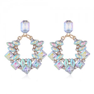 Resin Gems Inlaid Shining Hoop Fashion Alloy Women Statement Earrings - Luminous White