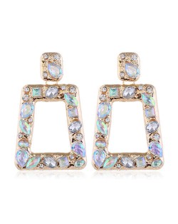 Resin Gems Inlaid Bling Fashion Trapezoid Shape Women Shoulder Duster Alloy Costume Earrings - Luminous White