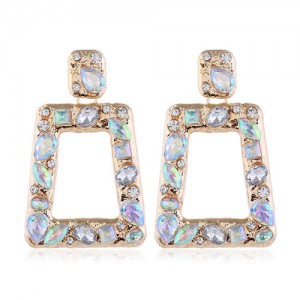 Resin Gems Inlaid Bling Fashion Trapezoid Shape Women Shoulder Duster Alloy Costume Earrings - Luminous White