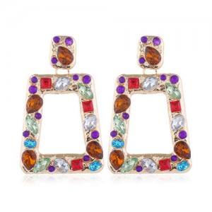Resin Gems Inlaid Bling Fashion Trapezoid Shape Women Shoulder Duster Alloy Costume Earrings - Multicolor