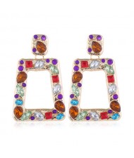 Resin Gems Inlaid Bling Fashion Trapezoid Shape Women Shoulder Duster Alloy Costume Earrings - Multicolor